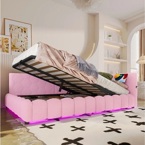 Sofa dziecięca rozkładana - 140 x 200 cm - z LED + schowek hydrauliczny + USB - welur - różowa