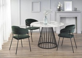 Nowoczesny okrągły stół Bronx 110 cm z blatem MDF imitującym biały marmur na stożkowej metalowej czarnej podstawie