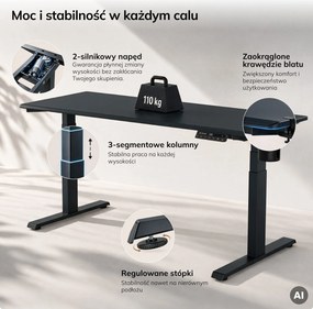 Biurko elektryczne z regulacją wysokości ergonomiczne antracytowe,1600x800 mm: ARIA