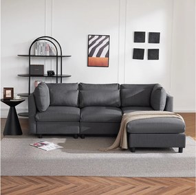 Nowoczesny narożnik 3-4-osobowy z poduszkami i pufą, szary len, do salonu lub mieszkania