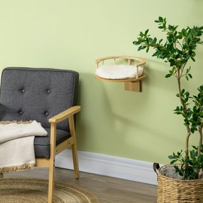 PawHut Ścienne Legowisko dla Kota, z Ochronnym Brzegiem, Poduszką, do Montażu na Ścianie, Dąb + Kremowy, 34 x 34 x 10,5 cm