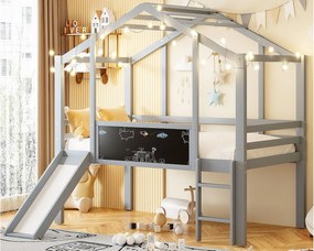 Łóżko na antresoli dziecięce 90x200 cm - z drabiną bezpieczeństwa - ze zjeżdżalnią - z tablicą do rysowania - Szary (materac nie jest dołączony)