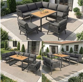 Zestaw mebli ogrodowych 7-osobowy - sofa z podłokietnikami plecionymi + stolik kawowy + fotel + poduszki - metalowy - szary