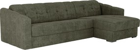 Kanapa narożna rozkładana typu express w teksturowanej tkaninie ciemnozielonej - Powierzchnia spania na szerokich listwach 140 cm - Materac 14 cm - DARIELO