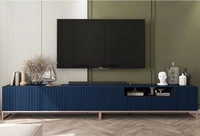 Szafka RTV z 7 drzwiami i wnęką – korpus Granatowy mat, fronty ryflowane Granatowe mat – 300 cm, metalowy stelaż