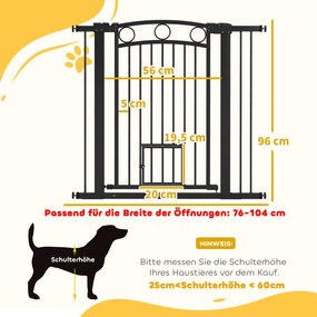 PawHut Bramka dla zwierząt, 96 cm, z regulowaną szerokością 76-104 cm, z drzwiczkami dla kota, do schodów i otworów drzwiowych, czarna