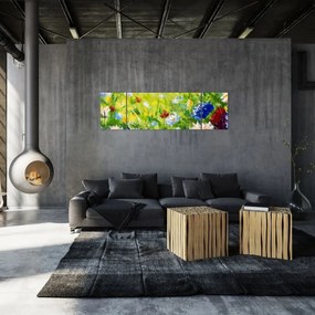 Obraz kwitnącej łąki, obraz olejny (170x50 cm)