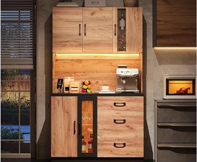 Nowoczesny kredens kuchenny 105x40x180cm - z gniazdkiem i LED - z 3 szufladami i 4 drzwiami - wygląd słojów drewna - Naturalny + Czarny