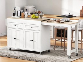 Wyspa kuchenna - z 4 drzwiami i 2 szufladami - rozsuwany blat - z kółkami - 180,5×45×92,2 cm - Biały + Naturalny
