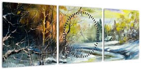 Obraz zimowej rzeki, obraz olejny (z zegarem) (90x30 cm)