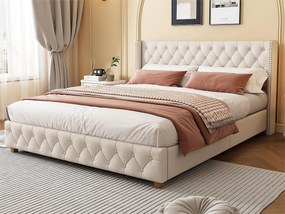 Łóżko dwuosobowe tapicerowane lnem - 160x200 cm - z stelażem na listwach - Beżowe