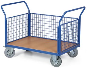 Wózek platformowy - 3 burty z siatki, 1200 x 800 mm, nośność 200 kg, koła 125 mm z szarą gumą