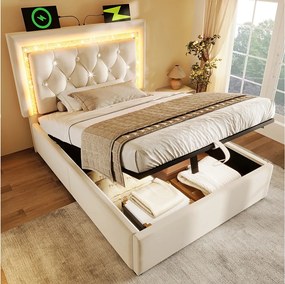 Łóżko tapicerowane, jednoosobowe, ze schowkiem - 90 x 200 cm - zagłówek z diodami LED + porty USB i typu C - hydrauliczny schowek - aksamit - beż
