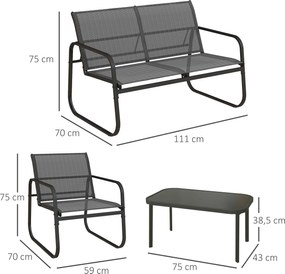Zestaw mebli ogrodowych Outsunny 4-częściowy, zestaw ogrodowy z 1 dwuosobową sofą, 2 krzesłami, 1 stolikiem kawowym, zestaw wypoczynkowy, meble balkonowe do tarasu, siatka, czarne