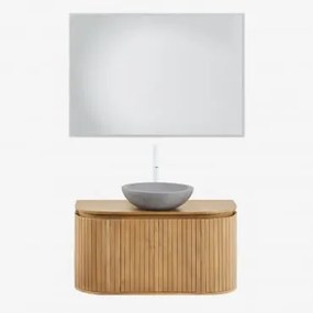 Zestaw Wiszących Mebli Łazienkowych 90x40 Cm Z Drewna Mango Analis Drewno Mango & Okrągły Szary Cement Ø40 Cm Tarsis & Prostokątna Lampa Led I Przeciw