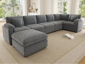 Extra duża sofa narożna w kształcie litery U dla 7 osób - aksamit prążkowany - z poduszkami i osobnym pufem - szary