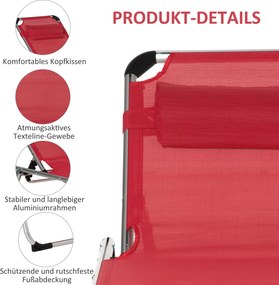 Outsunny Składany leżak, czerwony, 170 x 60 x 76 cm