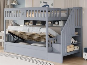 Łóżko piętrowe 90×200 cm - Łóżko z pojemnikiem pod spodem - Z drabinką bezpieczeństwa - Ze skrzynią przechowawczą - szary