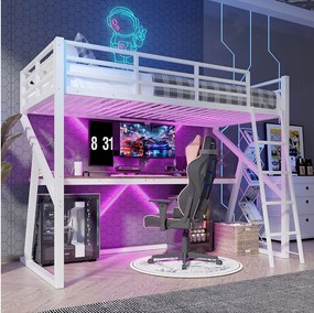 Łóżko piętrowe 90 x 200 cm - łóżko dziecięce z oświetleniem LED i biurkiem - białe - materac nie jest w zestawie.