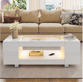 Biały stolik kawowy z oświetleniem LED i otwartą półką do przechowywania – Do salonów i biur