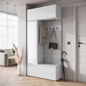 Nowoczesna garderoba szafa do przedpokoju z lustrem siedziskiem i półkami fronty biały połysk korpus Biały mat