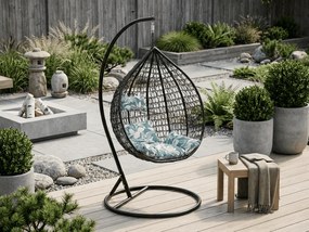 Czarne wiszące krzesło KOKON ze stojakiem, zielono-biała poduszka