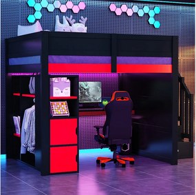 Łóżko piętrowe dla graczy z drewna - 140 x 200 cm - z biurkiem + oświetleniem LED + półką i schodkami do przechowywania + szafą - MDF - czarny + czerwony