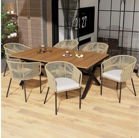 Zestaw mebli ogrodowych: 6 metalowych foteli + 1 stół jadalny z drewna akacjowego + 6 poduszek na siedziska - Beżowy