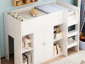 Łóżko dziecięce 90x200 cm - z szafą + półkami - z drabiną - białe (bez materaca)