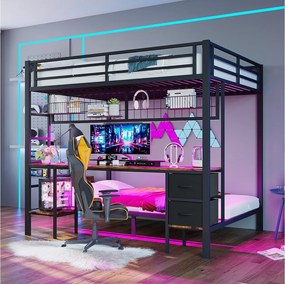 Łóżko piętrowe dla dzieci - 90 x 200 + 140 x 200 cm - z 2 szufladami + biurko + diody LED + USB - metalowe - czarne