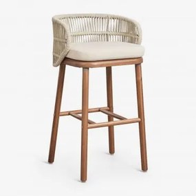 Zestaw 4 Wysokich Stołków Ogrodowych Z Drewna Akacjowego I Plecionego Sznurka Capri Kremowa & ↑75 Cm - Sklum
