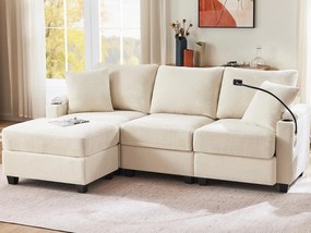 Narożnik w kształcie L - 3-osobowy - z podnóżkiem + uchwytem na kubki - ładowarka USB - 2 poduszki - Beżowy