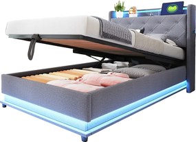 Tapicerowane łóżko dziecięce z pojemnikiem 90x200 cm – z oświetleniem LED – z portem USB – otwierane wezgłowie – len – szare