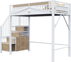 Łóżko piętrowe metalowe dla dzieci - 90 x 200 cm - drabinka bezpieczeństwa ze schowkiem - metal + drewno - białe