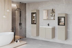 Komplet łazienkowy z LED, wiszące meble z umywalką, 2 słupki i lustro z półkami, kaszmirowy beż