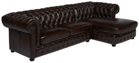 Kanapa narożna BRENTON w stylu Chesterfield, 100% skóry bawolej – kolor brązowy z kasztanowymi refleksami – Narożnik prawostronny