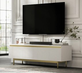 Ryflowana szafka RTV Selene 140 cm, biała na złotych nóżkach