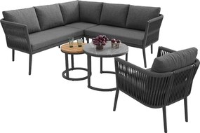 Salon ogrodowy, zestaw mebli na 5-6 osób, z rattanu PE, lin, z żelaza ocynkowanego, kanapa narożna, 2 stoliki kawowe, Szary