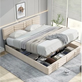 Łóżko tapicerowane dla młodzieży ze schowkiem - 140 x 190 cm - regulowany zagłówek - tkanina welurowa - beż