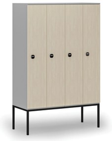 Drewniana szafa ubraniowa z podstawą, 4-drzwiowa, 1871 x 1200 x 500 mm, demontaż, zamek RFID, szary/brzoza
