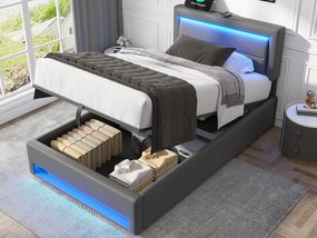 Łóżko o wymiarach 90x190 cm z ekoskóry z LED - z portami ładowania (przewodowymi i bezprzewodowymi) - Szare