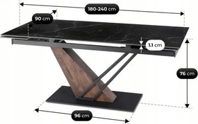 Stół Rozkładany Prostokątny REX 2 180-240 cm Ceramiczny Czarny Marmur/Orzech Japandi