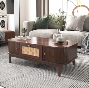 Stolik kawowy, Stolik boczny z szufladami z rattanu i przesuwanymi drzwiami, Nogi z litego drewna, Brązowy