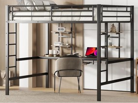 Łóżko mezzanine 140x200cm - z biurkiem i półkami - metalowa rama - Czarny