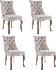 Zestaw 4 krzeseł do jadalni - jasnobeżowy aksamit - oparcie tapicerowane - dekoracja guzikami - nogi drewniane
