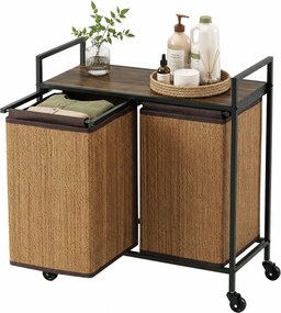 HOMCOM Kosz na pranie bambus 2 komory 120 l, pojemnik z półką, worek na pranie, na kółkach 73x33x78 cm, Brązowy | Aosom PL