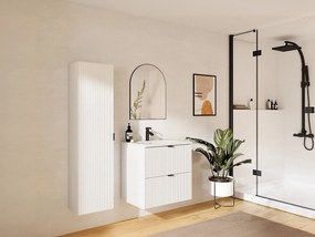 Szafka łazienkowa wisząca  w paski z umywalką do zabudowy i słupek– biała matowa – 60 cm – ZEVINI