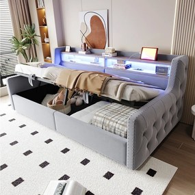 Sofa tapicerowana z funkcją spania i hydraulicznym schowkiem - 90 x 200 cm - z oświetleniem LED + schowkiem + gniazdkiem - welur - jasnoszary