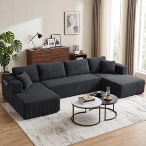 HOMCOM Modułowa sofa w kształcie U z 2 szezlongami, sztruksowa sofa rozkładana z pianką o wysokiej gęstości i sprężynowym wypełnieniem, Ciemnoszara | Aosom PL