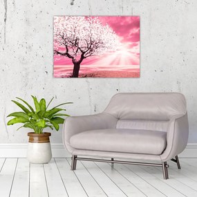 Obraz na szkle - różowy obraz drzewa (70x50 cm)